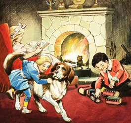 Children playing in front of a roaring fire
