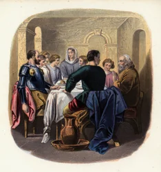 Christiana and the pilgrims at the house of Gaius, an illustration from The Pilgrim