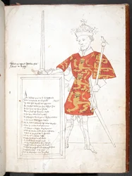 Coloured drawing of an English king in armour and tabard (King John), presenting a plaque with verses. Unfinished