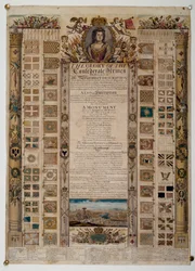 Commemorative chart showing standards captured from the French after the Battle of Blenheim, c.1704