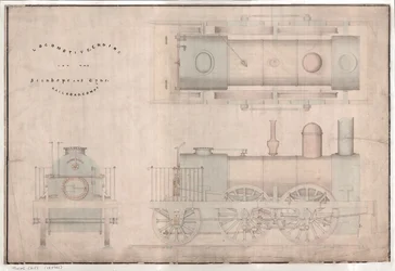Construction drawing, 0-4-2 locomotive and tender by R. and W. Hawthorn and Co. for the Stanhope and Tyne Railway Co