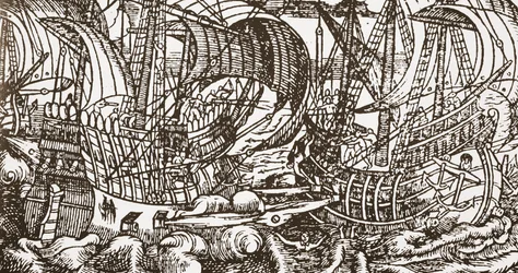 Contemporary woodcut of warship at sea
