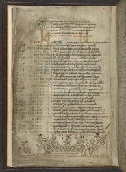 Calendar Page for April: Feasting Scene with Three Noblemen