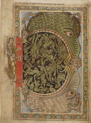The jaws of Hell fastened by an angel, from the Psalter of Henry of Blois, c.1121-61