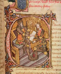 Cotton Nero D VI fol.31 Edward III granting the Black Prince the principality of Aquitaine