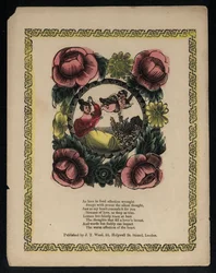 Cupid and woman in a garden surrounded by flowers, love poem