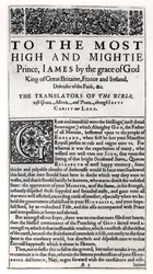 Dedication page in The Holy Bible, published by Robert Barker, 1611