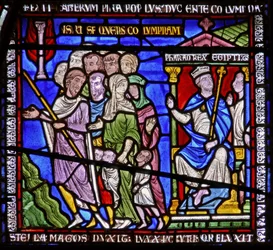 Detail from one of the Bible Windows depicting the pharaoh watching the Israelites
