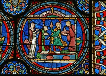 Detail from the Miracle Window depicting Audrey of Canterbury taking healing water