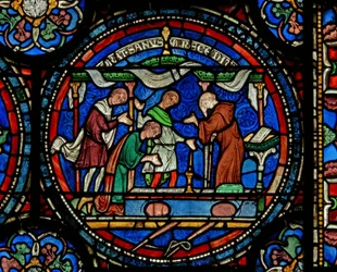 Detail from the Miracle Window depicting Mad Henry of Fordwich giving thanks following his cure