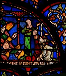 Miracle Window depicting a wall falling on the infant Geoffrey of Winchester (detail)