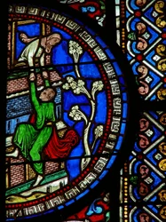 East window of the Trinity Chapel depicting David escaping the city (detail)