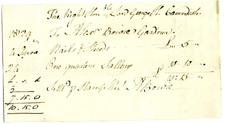 Devonshire MSS AS 3101, folio from a bundle of bills settled by Pinder Simpson for Lord George Cavendish, including Alexander Bowie