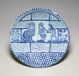 Dish with a Cat, an Owl and a Monkey looking in a mirror