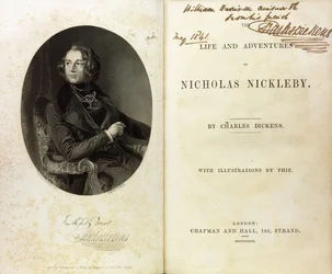 Double Page Spread with a Portrait of Dickens, and a Dedication by Dickens to William Harrison Ainsworth