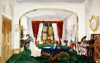Drawing room interior, woman at piano, man in bowler hat writing, c.1850