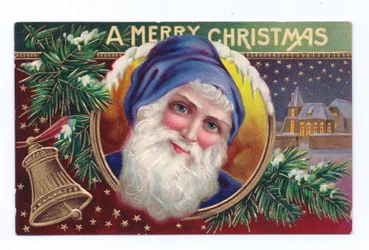 Edwardian Christmas Postcard of Father Christmas with Mistletoe and a Bell, c.1910