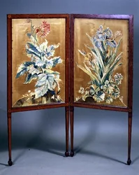 Embroidered Sheraton two-fold screen with satinwood inlay, late 18th century