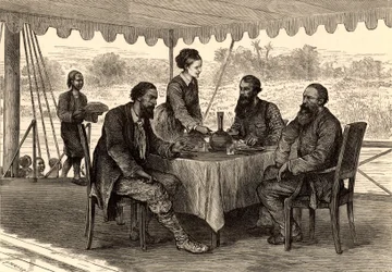English Explorers John Hanning Speke and James Augustus Grant at Gondokoro, South Sudan, at the End of Their Expedition, Where They Were Met by Samuel and Florence Baker