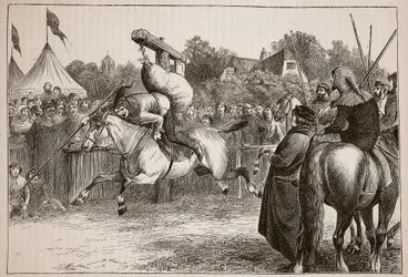 English merry-making in the Fourteenth Century: Tilting at the Quintain (Illustration from Cassell
