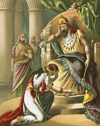Esther beseeches king Ahasuerus to revoke his decree against the Jews
