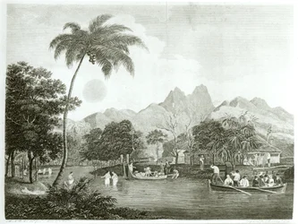 European missionaries in a Tahitian village, from A Missionary Voyage to the Southern Pacific Ocean Performed in the Years 1796-98 in the Ship Duff, published 1799