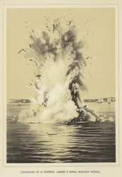 Explosion of a torpedo under a small wooden vessel