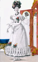 Fashion plate of a lady in evening dress, advertisement from 