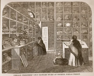 Female prisoners own clothes store at Tothill Fields Prison, illustration from The Criminal Prisons of London and Scenes from Prison Life by Henry Mayhew and John Binny, pub. 1862