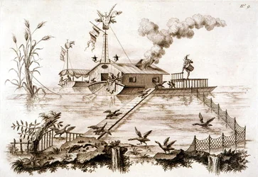 Fishing with Cormorants using a water boat and fenced enclosure, illustration from 