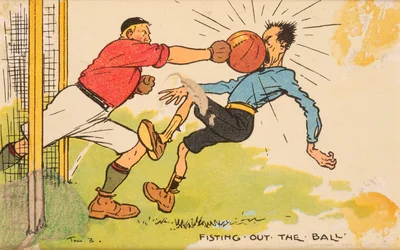 Fisting out the Ball, a mounted postcard