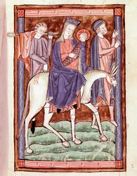 Flight into Egypt. Page taken from an English manuscript of the 13th century Venice, Biblioteca Marciana