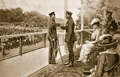 For Valour: King George decorating Private Thomas Hughes, of the Connaught Rangers, with the V.C., in Hyde Park, June 2nd, 1917