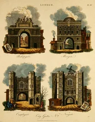 Four City Gates: Bishopsgate, Moorgate, Cripplegate and Newgate, engraved by J. Pass, published by G. Jones