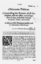 Front Page, from Mercurius Politicus, in Defence of the Commonwealth and for Information of the People, 1650