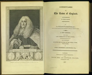 Frontispiece and title page from Commentaries on the Laws of England in Four Books, by Sir William Blackstone, Knt., published by M. and S. Brooke, London, 1811