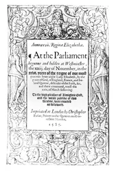 Frontispiece to an account of the Parliament of Queen Elizabeth held between 23 November 1584 and 24 March 1585, printed by Christopher Barker, 1585