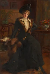 Full Length Portrait of a Young Woman in Fur-Lined Dress