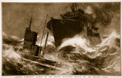 German Submarine Rammed by the British Destroyer Badger off the Belgian Coast