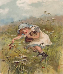 Girl and a Cat Asleep in a Field