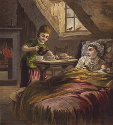 Girl Serving Tea to Her Sick Mother, in Bed with a Baby