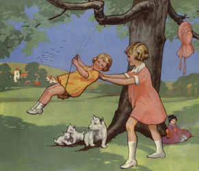 Girls Playing on Swing in English Countryside