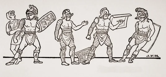 Gladiators, from a Wall Painting at Pompei, Illustration from The Outline of History by H.G. Wells, Volume I, Published in 1820