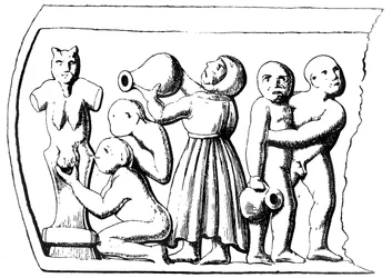 Gnostic Eucharist, side panel of a gnostic casket found at Essarois (Burgundy)