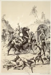 Gold escort attacked by Bush Rangers, from The History of Australasia by David Blair, 1879