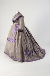 Grey silk taffeta dress trimmed with black lace and purple silk satin