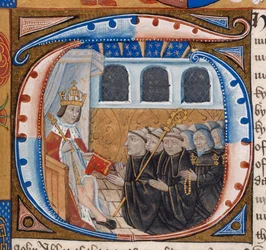 Historiated Initial depicting King Henry VII receiving the book, illustration from 