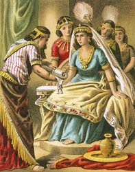 Hatach showing Esther the copy of the writing of the decree