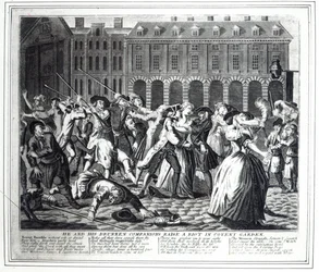 He and His Drunken Companions Raise a Riot in Covent Garden, from a pirated series based on Hogarth