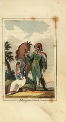 Hungarian Hussar with woman wearing a veil